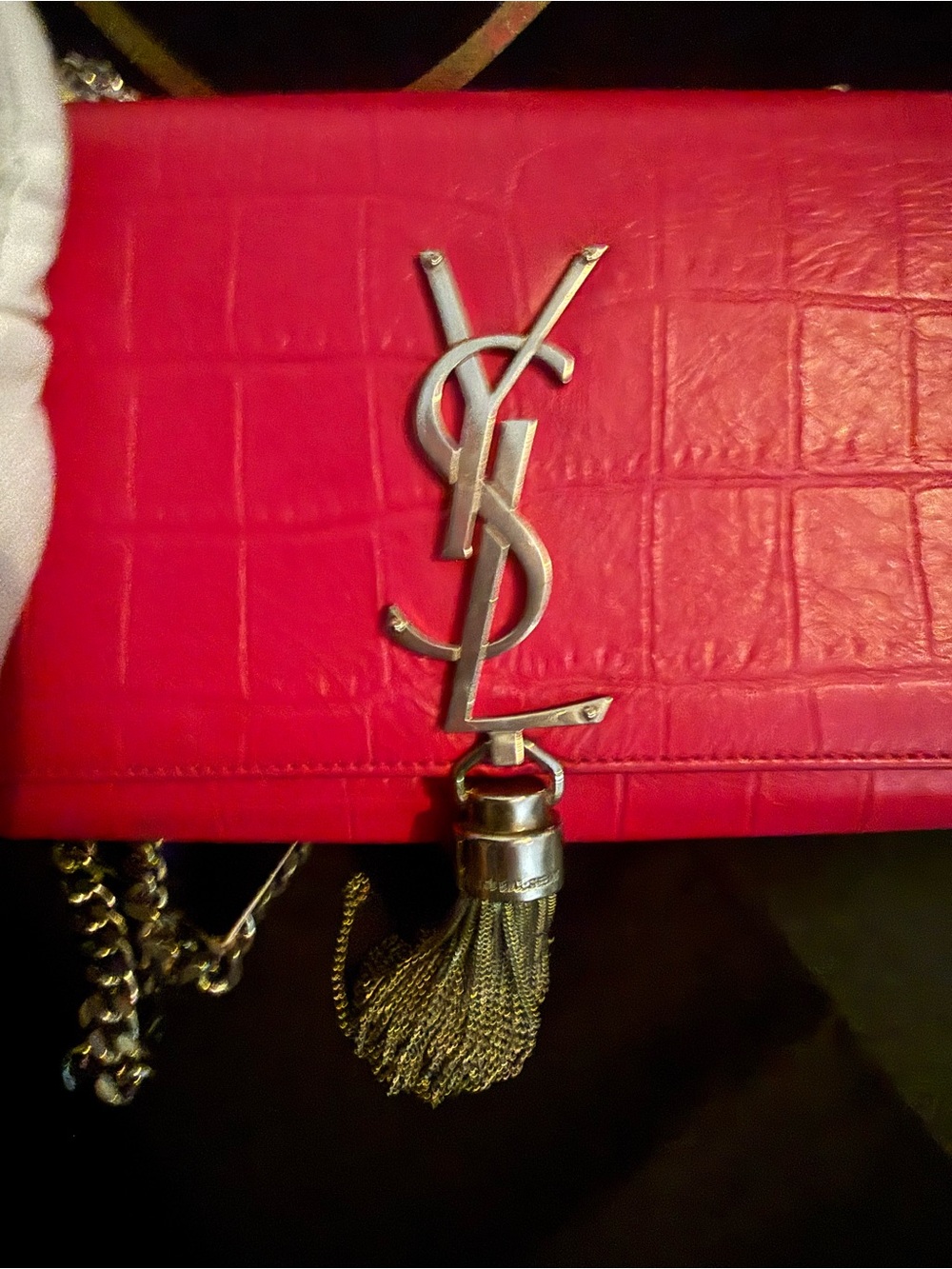 🔥Saint Laurent Fuchsia Croc-Embossed Kate Tassle Bag Small🔥 - Picture 17 of 17
